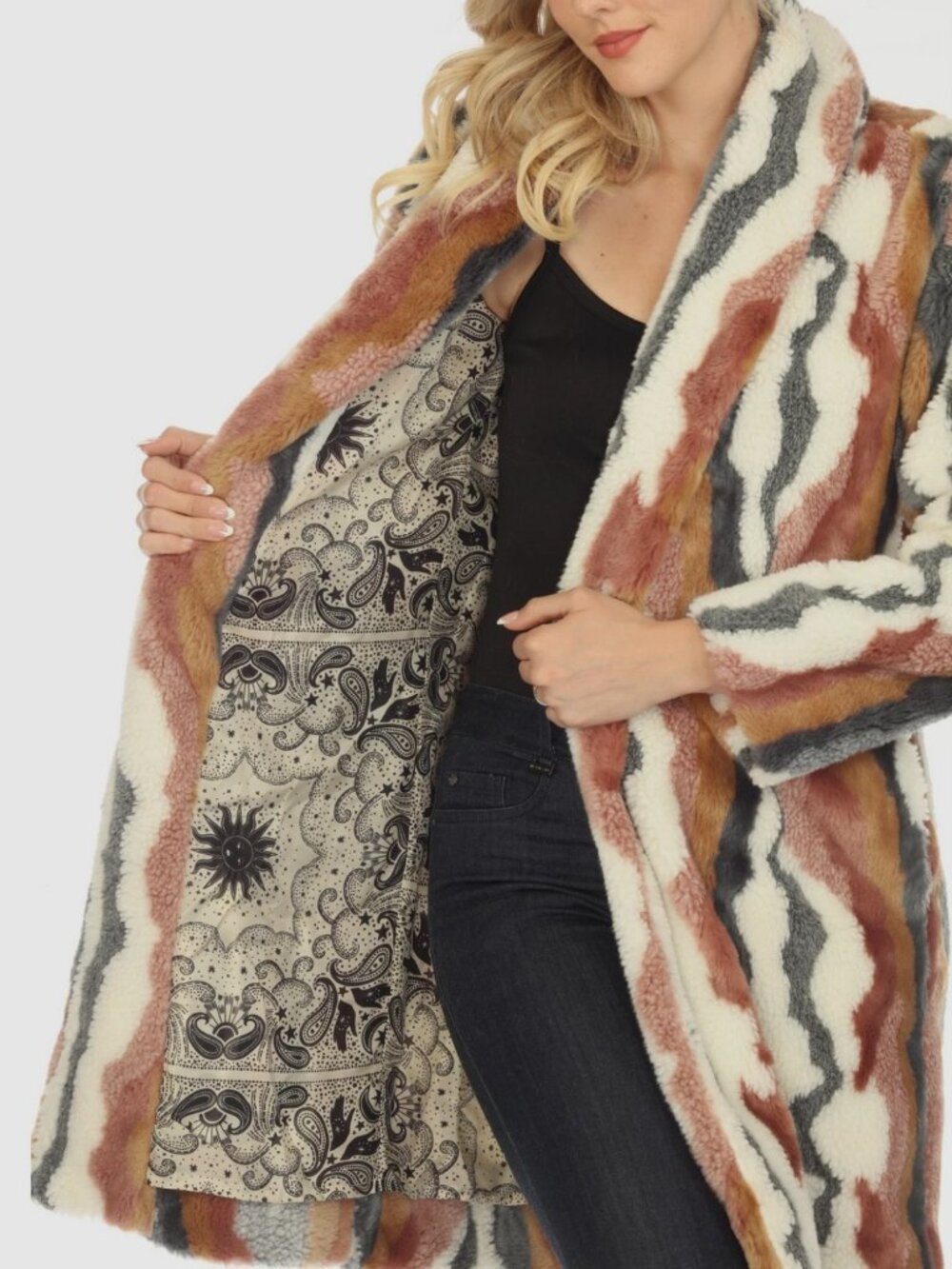 NEW Johnny Was Ziggy Faux Fur Open Front Coat Boho Chic Multi Stripe L R48023 - Picture 4 of 14